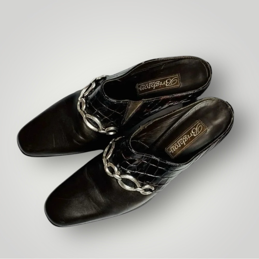 Brighton Leather Mules Heels Size 6.5 Twiggy Chain Link Croc Embossed Italy - Picture 6 of 9